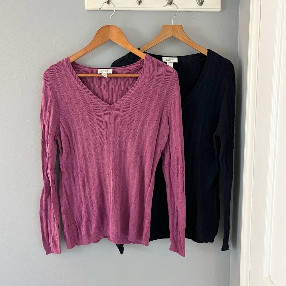 LOFT Bundle of Two Cableknit Cotton V-Neck Sweater Blue and Pink Large